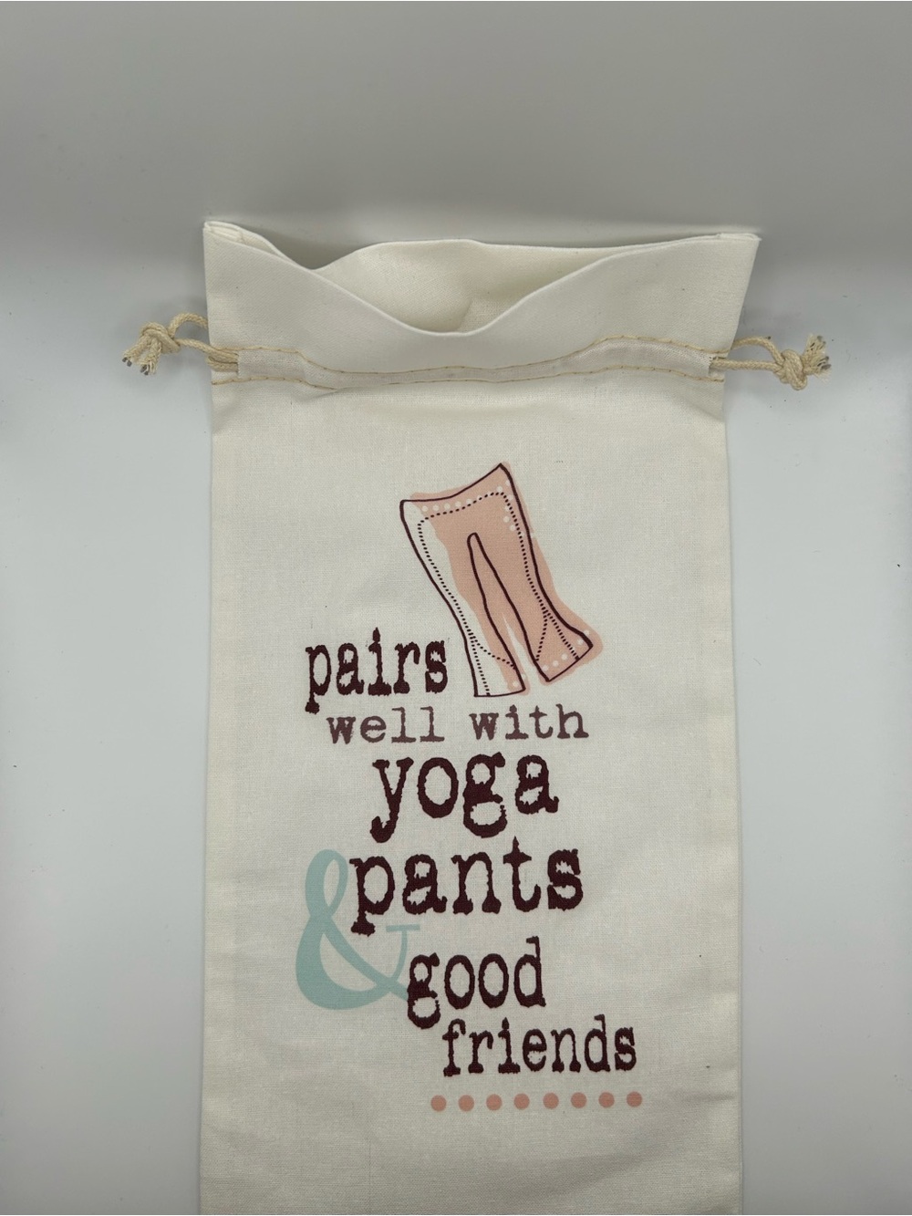 NEW “pairs well with yoga pants & good friends” Drawstring Bottle Bag 🧘‍♀️🍷